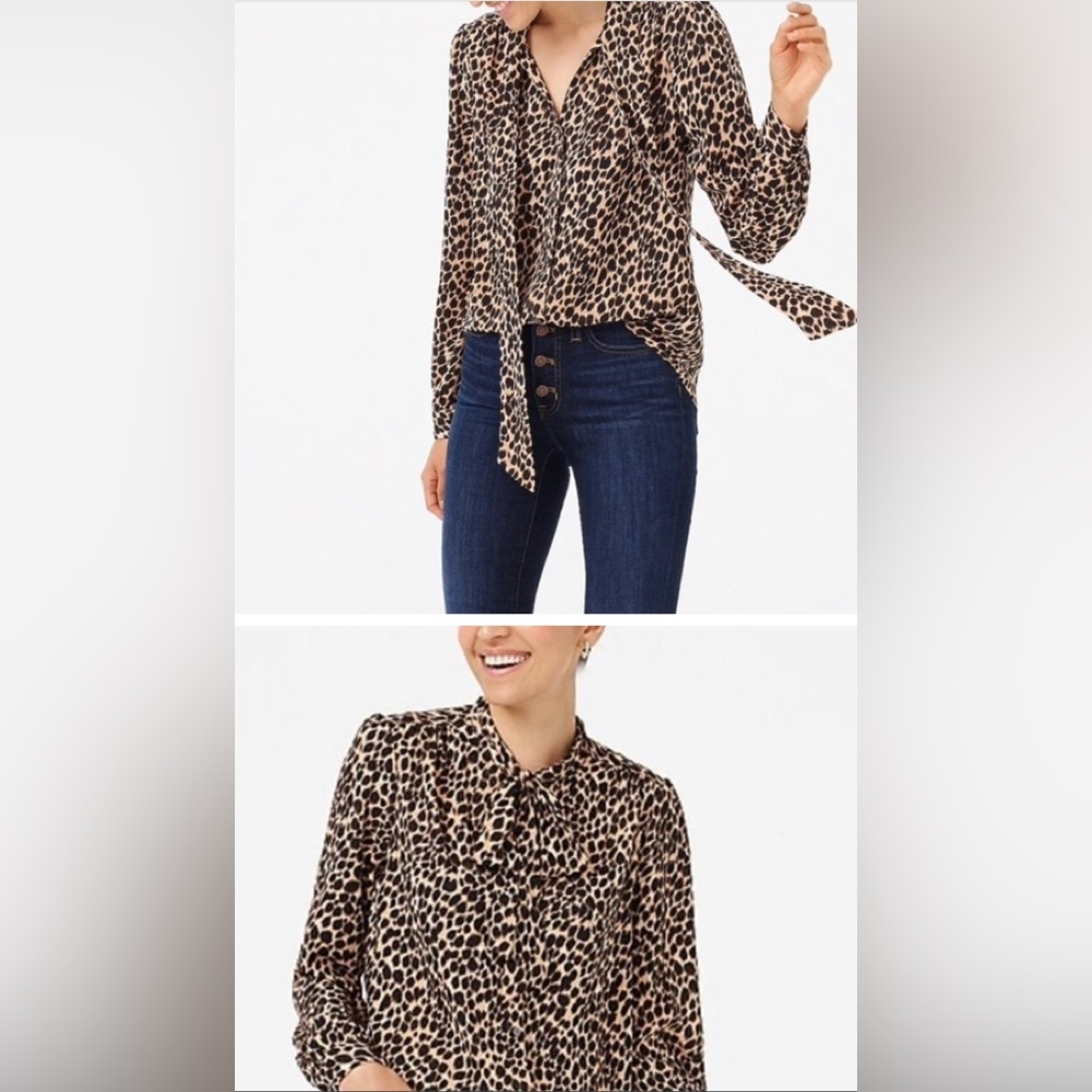 J. Crew • Leopard Print Tie Neck Blouse - Picture 2 of 9